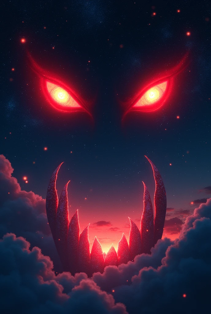 a picture of a ((of 2 glowing red eyes: 1.5)) formed in the night sky full of  stars, BREAK a ((2 of vampire fangs: 1.5))  formed in the night sky ((full of stars: 1.4)), Ultra-high resolution, High Contrast, (masterpiece:1.5), highest quality, Best aesthetics), 16K fantasy art, best details, best quality, highres, (ultra wide angle: 1.2), 16k, [ultra detailed], masterpiece, best quality, (extremely detailed)