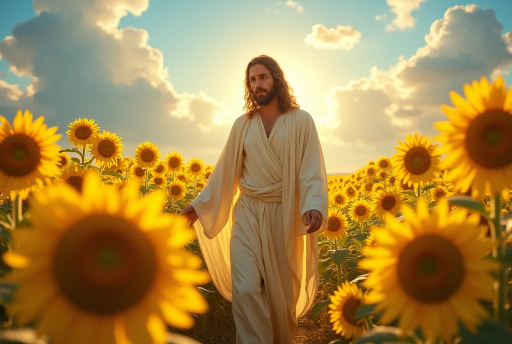 Jesus walking in a sunflower field
