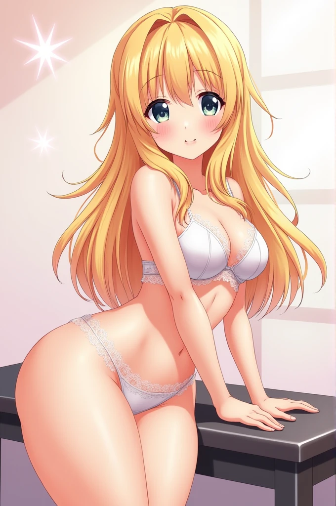 A blonde anime girl with big breast and thighs and big butt.. She is on the table wearing a whote transparent brah and panties very cute
