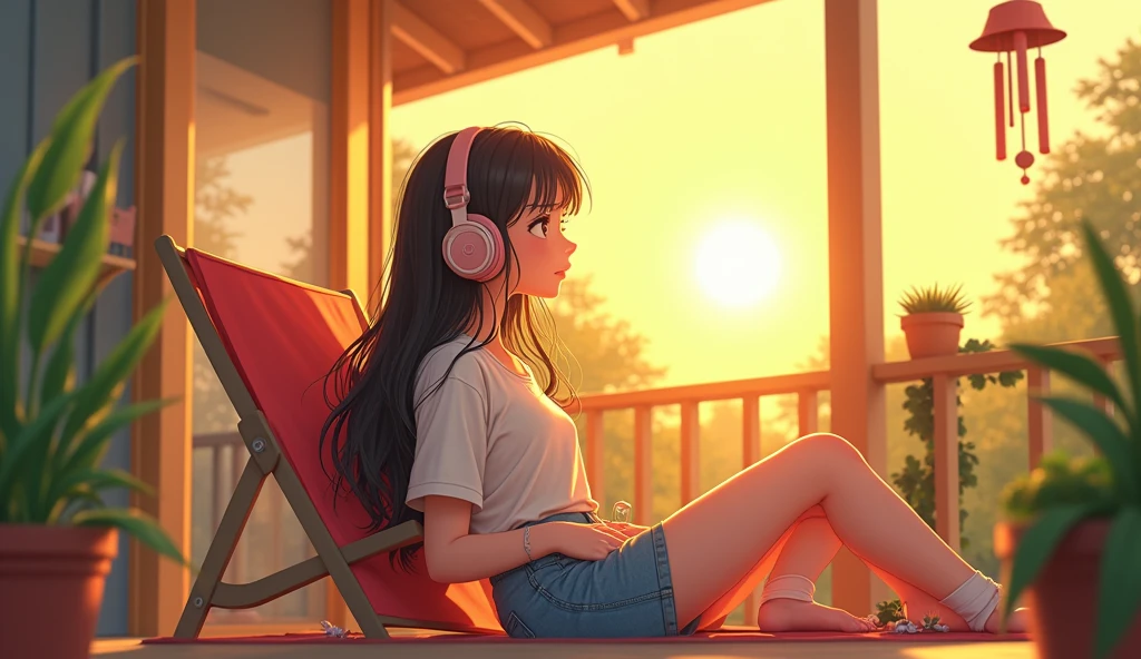 Perfect image, 8k, noon、A high school girl listening to music on a cozy veranda,holiday、 Using headphones, 2D-style animation, Lo-Fi, hard disk, Big Breasts、one's home、wind chimes、summer、Retro