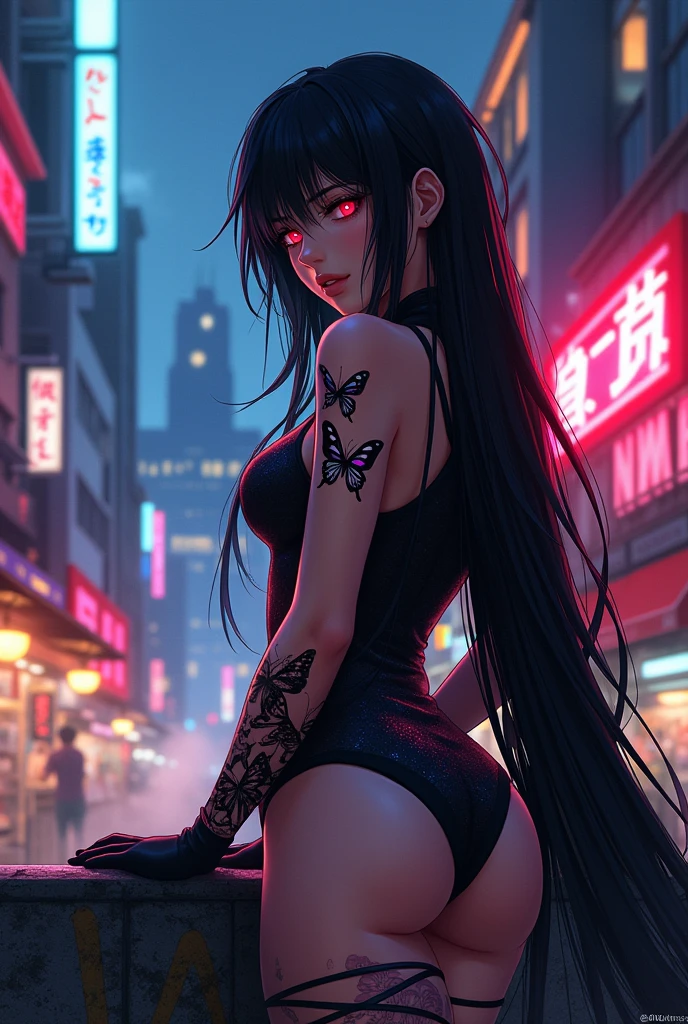 An anime woman with black hair and red eyes