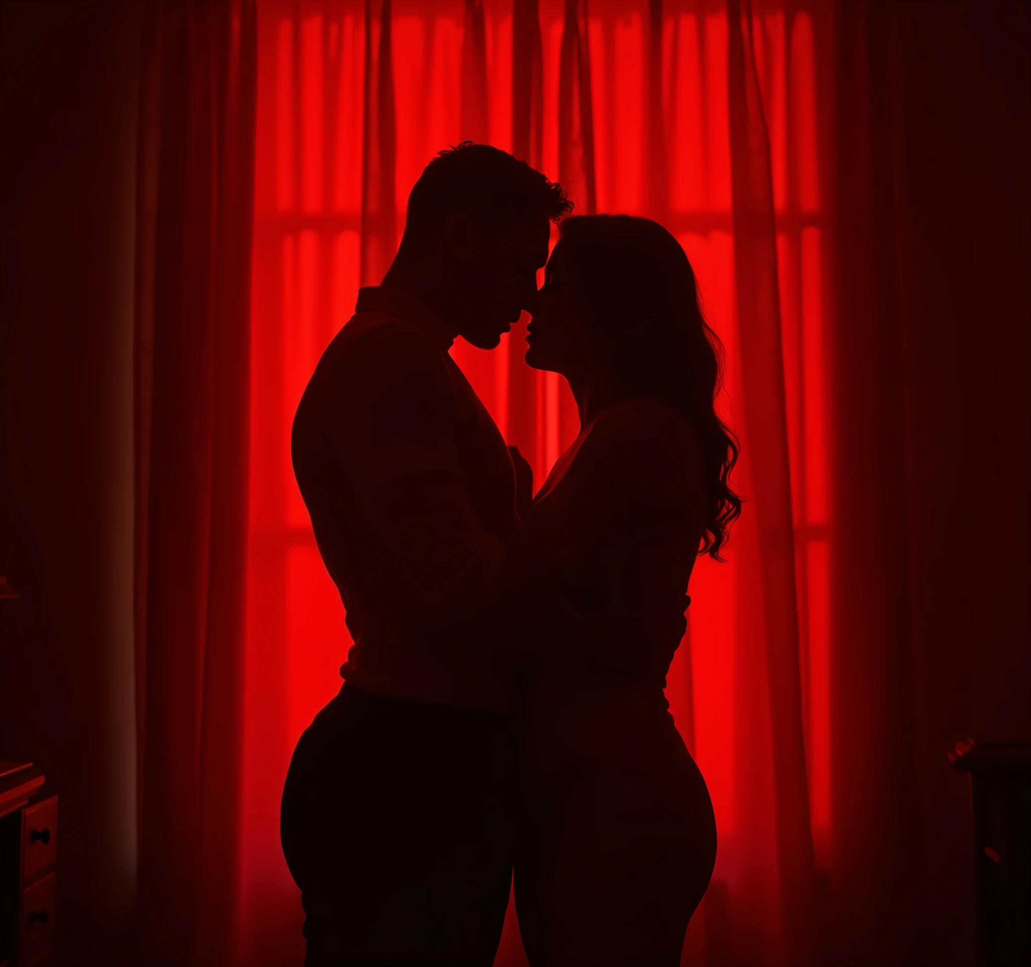 make a shadow of two people kissing behind the curtain, it should be visible that it is a man and a woman kissing, uniform background, red color, make this people looks like shadow (black)