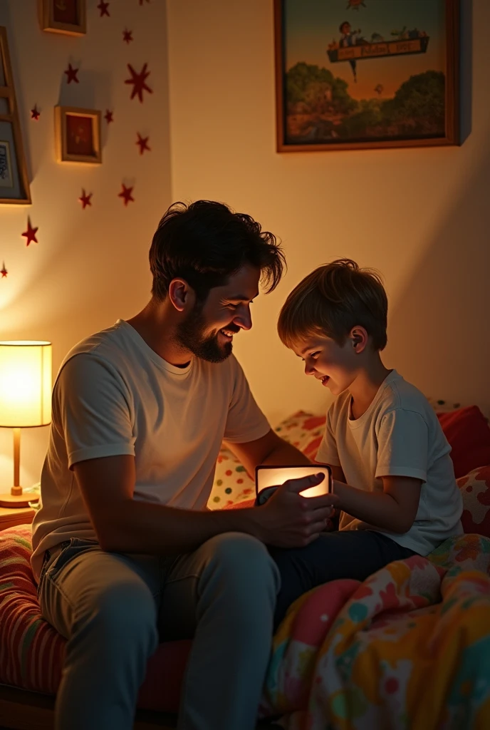 Create 10 images of a conversation between a father and son before bed. The father tells stories, but without using a book