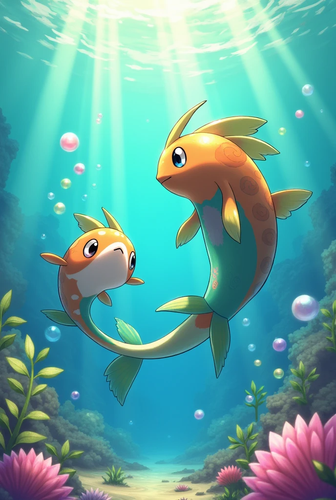 Drawing of two Pokemon, a pre-evolution and an evolution of this water and ground type pokemon, inspired by a fish nothobranchius rachovii.