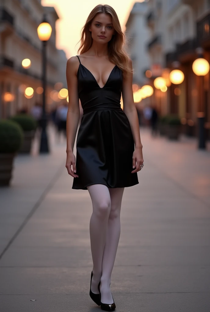 little satin dress, black color ñ, white pantyhose and black heels