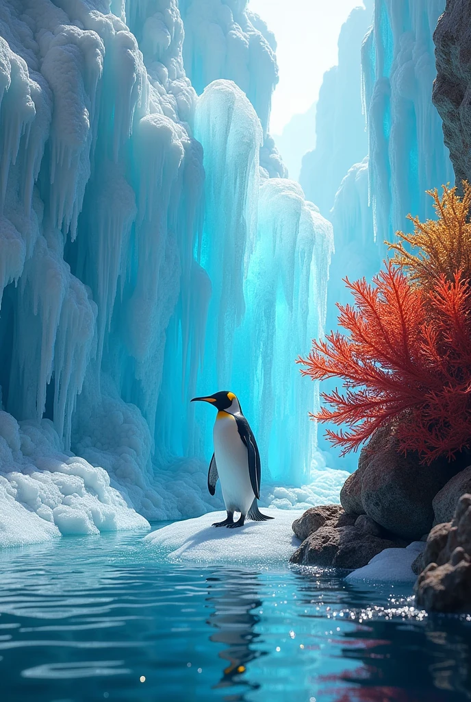 An ice sculpture and a vibrant coral reef combined in a surreal landscape, with a penguin standing in between. The scene contrasts cold and warmth, with intricate details in the ice and coral textures.