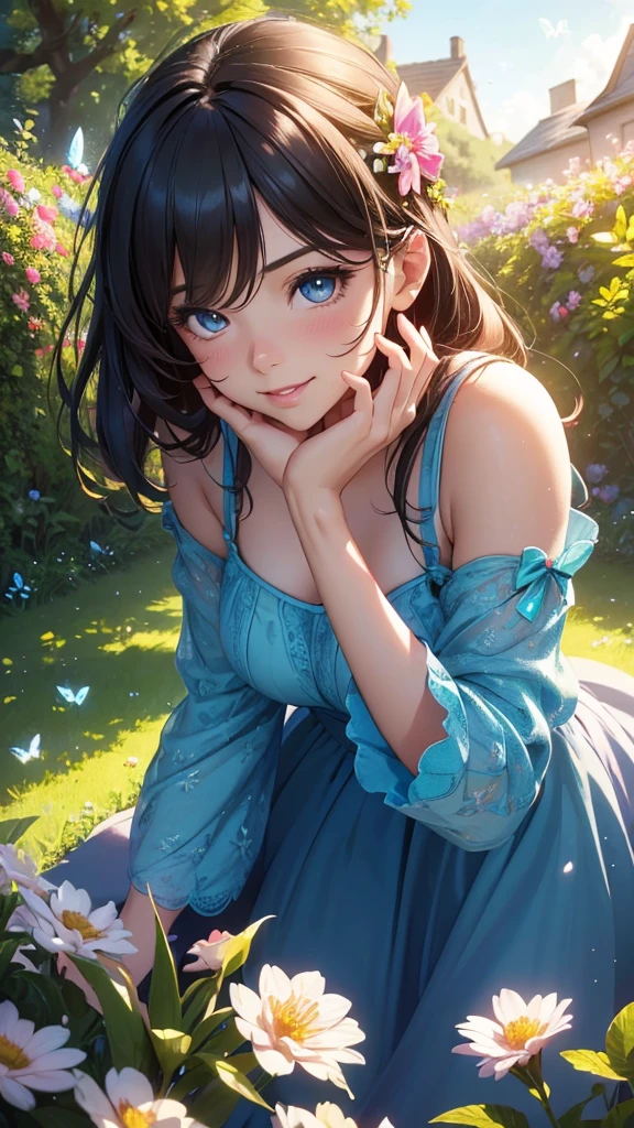 a cute boys and girls playing in a beautiful garden in beautiful spring season, a blue river, detailed and realistic, 1girl, 1boy, beautiful detailed eyes, beautiful detailed lips, extremely detailed face, long eyelashes, beautiful floral dress, happy smiling expression, playing with flowers, colorful butterfly, lush green grass, blooming flowers, sunlit garden, warm sunlight, soft focus, cinematic lighting, vibrant colors, (best quality,4k,8k,highres,masterpiece:1.2),ultra-detailed,(realistic,photorealistic,photo-realistic:1.37),landscape, digital painting