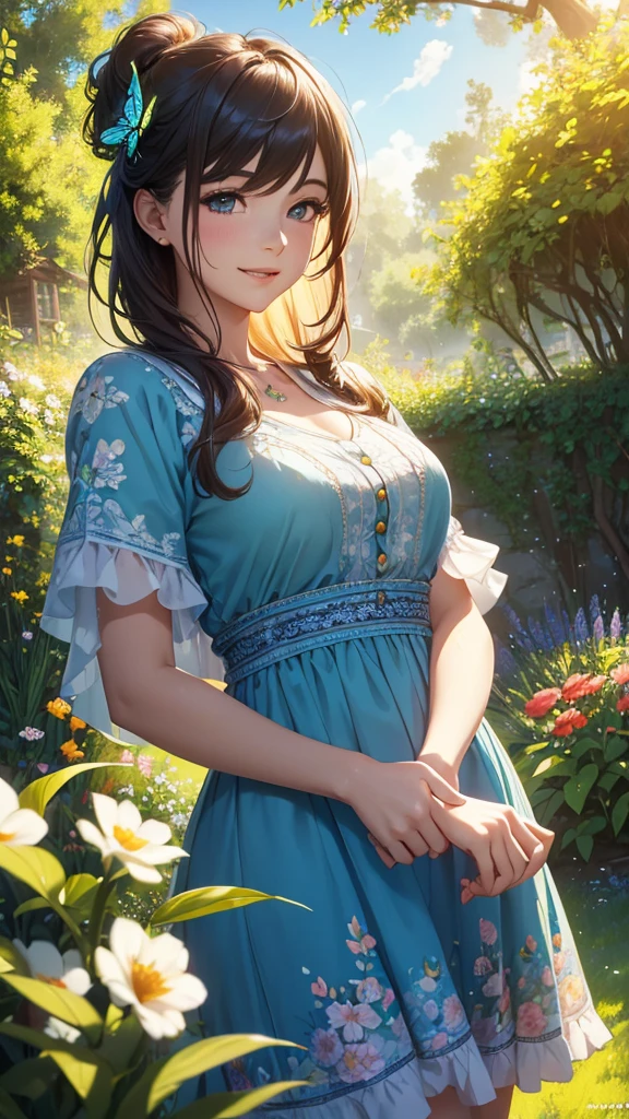 a cute boys and girls playing in a beautiful garden in beautiful spring season, a blue river, detailed and realistic, 1girl, 1boy, beautiful detailed eyes, beautiful detailed lips, extremely detailed face, long eyelashes, beautiful floral dress, happy smiling expression, playing with flowers, colorful butterfly, lush green grass, blooming flowers, sunlit garden, warm sunlight, soft focus, cinematic lighting, vibrant colors, (best quality,4k,8k,highres,masterpiece:1.2),ultra-detailed,(realistic,photorealistic,photo-realistic:1.37),landscape, digital painting