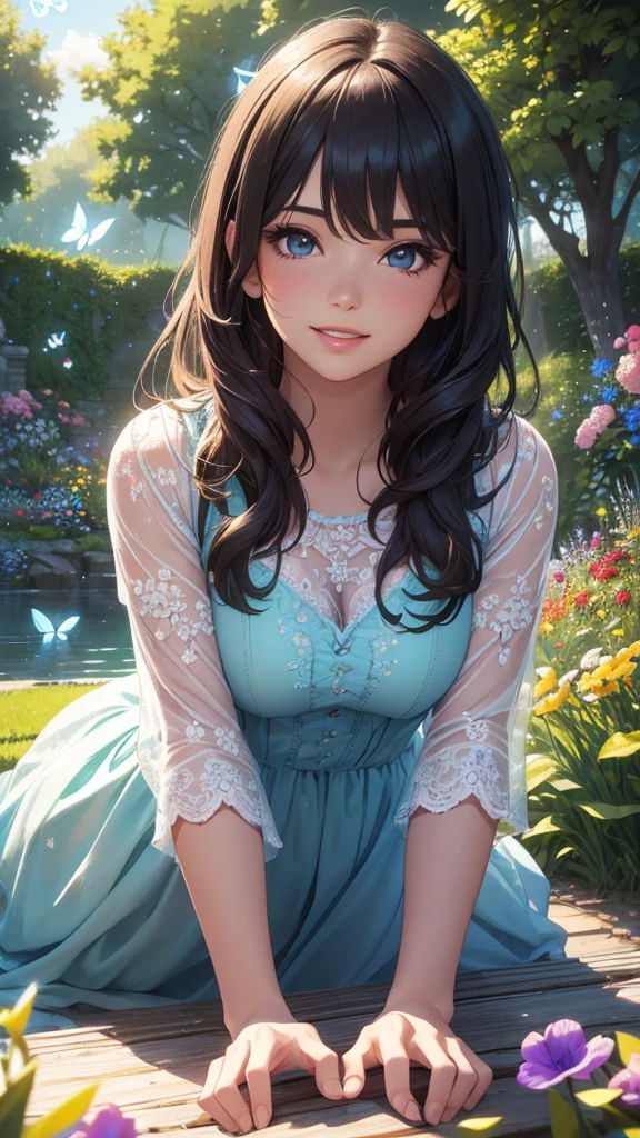 a cute boys and girls playing in a beautiful garden in beautiful spring season, a blue river, detailed and realistic, 1girl, 1boy, beautiful detailed eyes, beautiful detailed lips, extremely detailed face, long eyelashes, beautiful floral dress, happy smiling expression, playing with flowers, colorful erfly, lush green grass, blooming flowers, sunlit garden, warm sunlight, soft focus, cinematic lighting, vibrant colors, (best quality,4k,8k,highres,masterpiece:1.2),ultra-detailed,(realistic,photorealistic,photo-realistic:1.37),landscape, digital painting