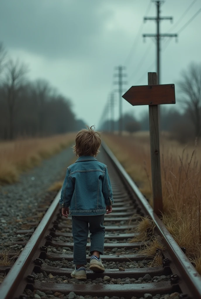 Sad boy walking at railway path