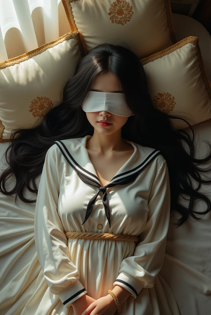 Japanese women Black Hair Long Hair bed In a sailor school uniform Blindfolded and hands tied with rope Bird View Full Body