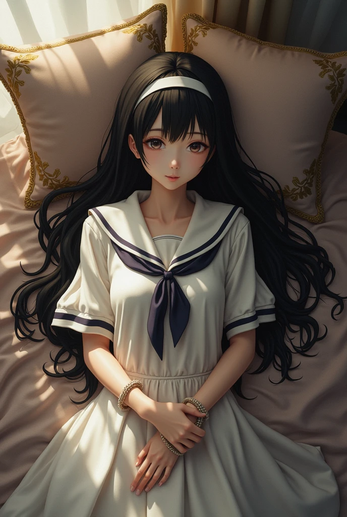 Japanese women Black Hair Long Hair bed In a sailor school uniform Blindfolded and hands tied with rope Bird View Full Body