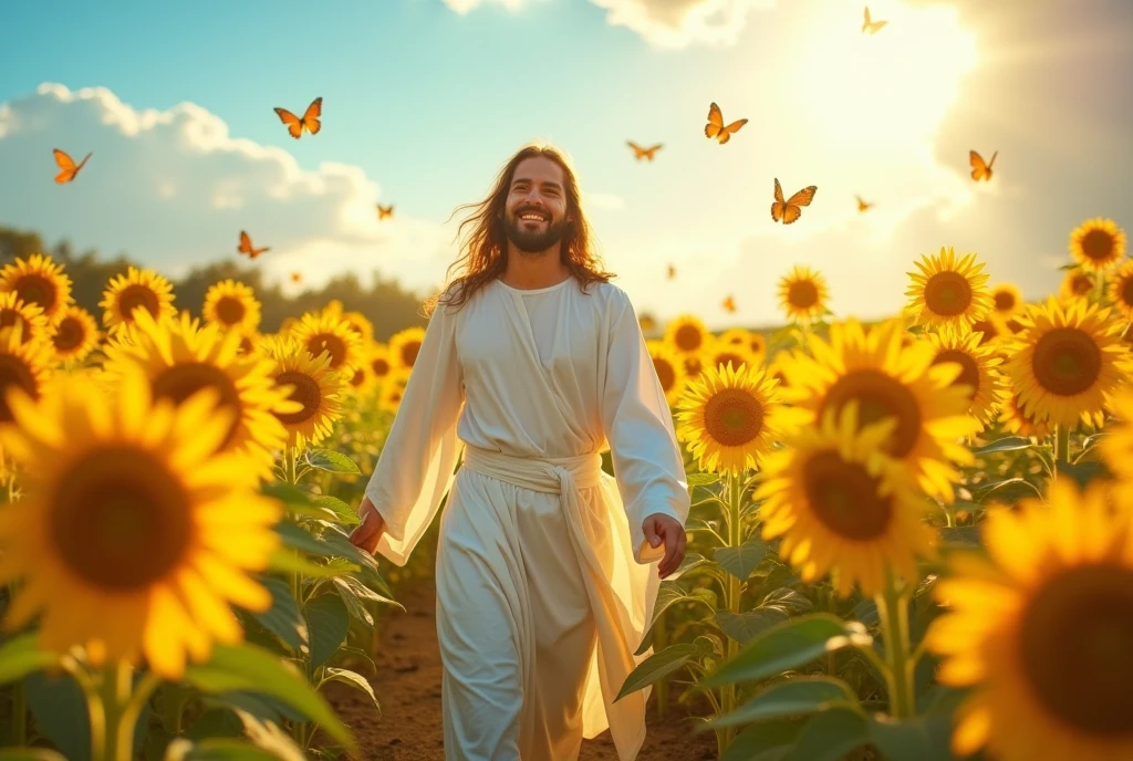 Jesus with smiling face walking in a sunflower field
