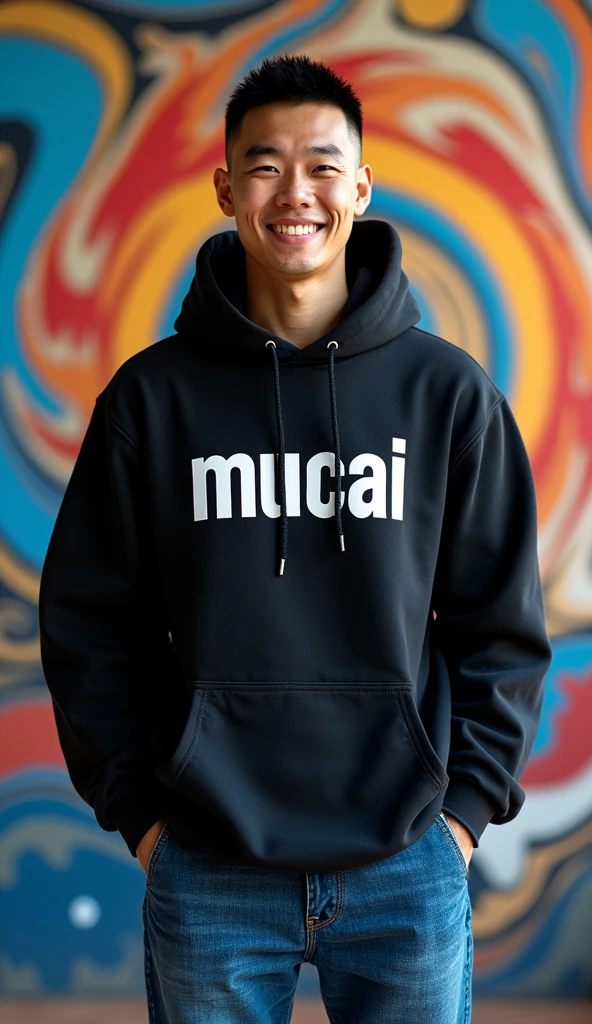 a full body picture of tanned japanese man, crew cut hair, wearing black hoodie write "MUCAI" on long cut hoodie and blue jeans, back ground is colorful, vibrant, ((Masterpiece, Top Quality, High Resolution, Photorealistic, Raw, 8K)), standing and facing forward, smilling, realistic