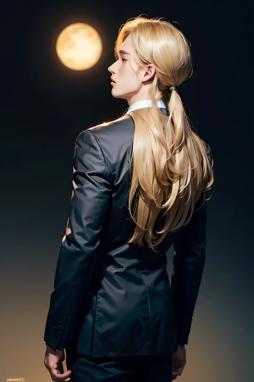 Tall and well-built young man with blond hair and green eyes, wearing a black suit, the sun is on the upper left. Man stands with his back turned. Webtoon drawing style
