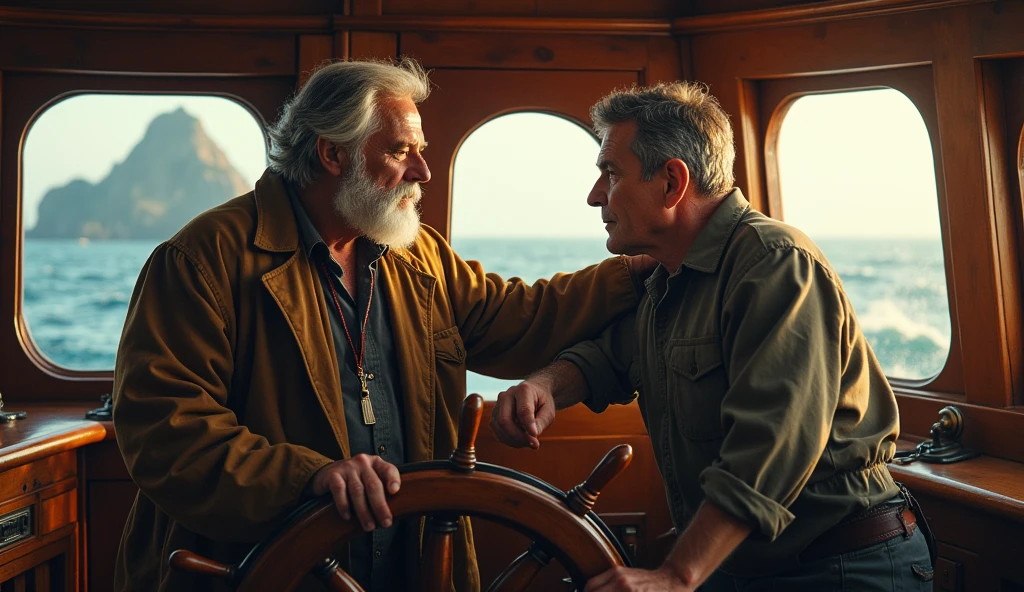 A man touching the ship captain's shoulder inside the ship while he is piloting