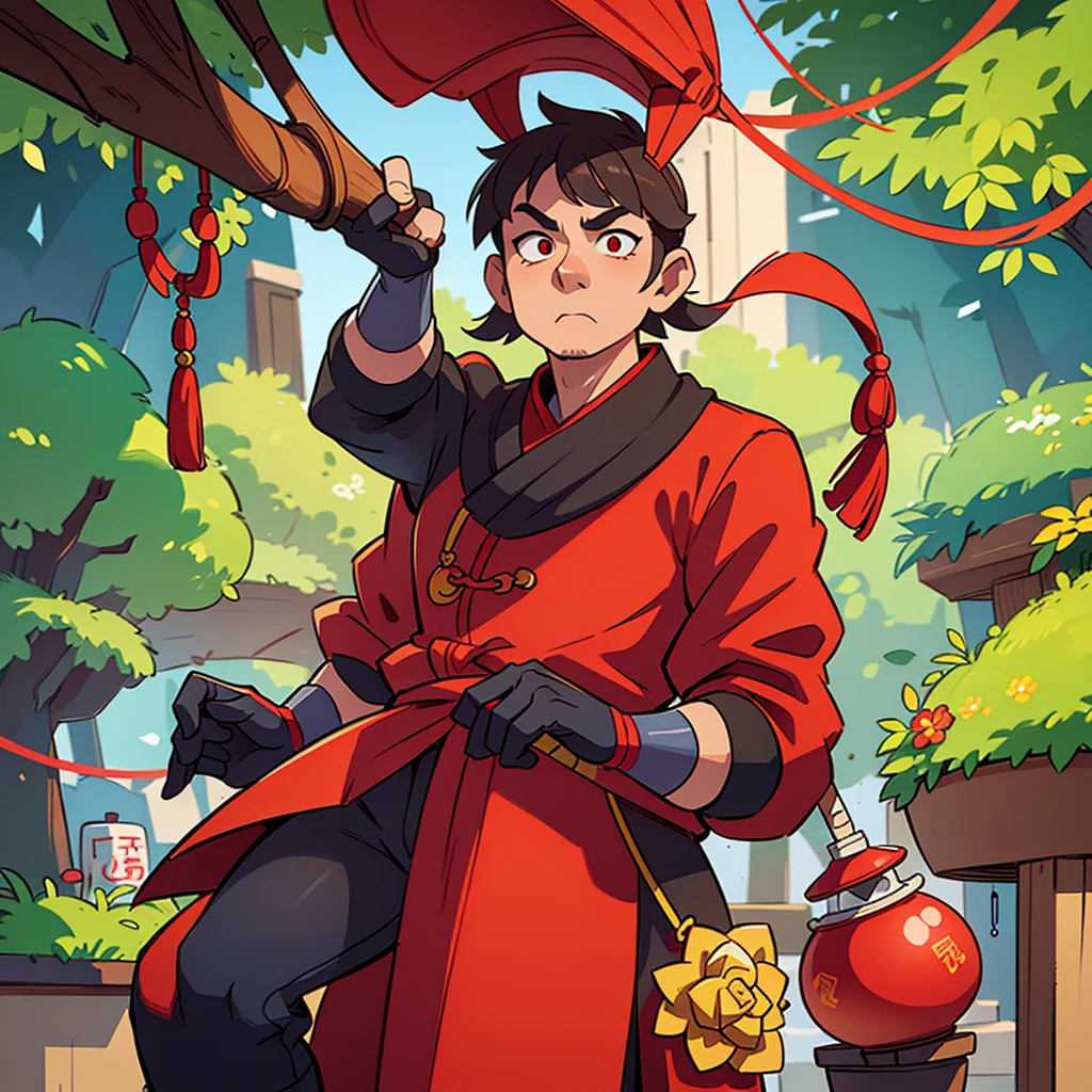 A man holding a Chinese smoking pipe, smoking a zhizi pipe, wearing red color traditional Chinese clothes, Chinese background, 1 man, detailed clothing, extremely detailed, (best quality,4k,8k,highres,masterpiece:1.2),ultra-detailed,(realistic,photorealistic,photo-realistic:1.37),HDR,UHD,studio lighting,ultra-fine painting,sharp focus,physically-based rendering,extreme detail description,professional,vivid colors,bokeh,traditional Chinese art,Chinese culture,Chinese folk art,intricate background details