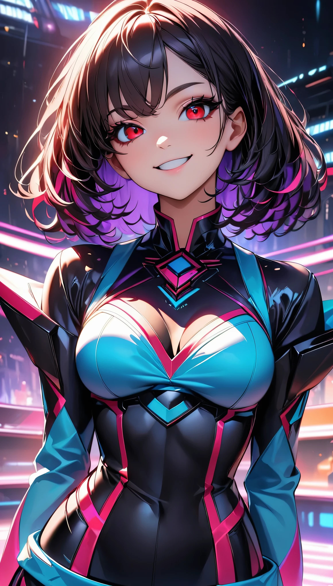 (Highest quality:1.2, Very detailed, up to date, Vibrant, Ultra-high resolution, High Contrast, masterpiece:1.2, Best aesthetics), (((1 person, beautiful girl))), super beautiful, Cyberpunk Style, and young々Beautiful appearance, Futuristic bodysuit with neon accents and glowing circuit patterns, Cybernetic Dress:1.2, Advanced personas created by cutting edge technology companies, The ultimate virtual idol, The concept colors are purple and blue., ((A nasty smile, Beautiful eyelashes, Beautiful red eyes)), Futuristic live stage, Dramatic colors, Chiaroscuro, Bust Shot, Sexy pose.