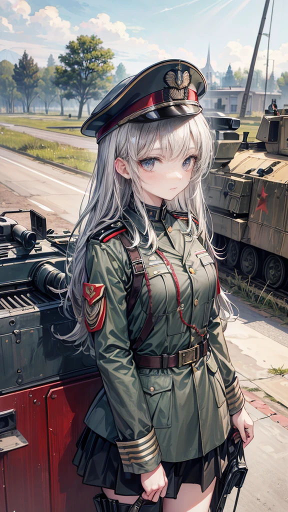 ((True best masterpiece, Ultimately perfect quality, Extremely delicate details)), ((Modern army, World War I, Great War, Old, Antique)), A soldier girl, Is an officer, Wearing military uniform, Gray jacket, On the frontline, Outdoor