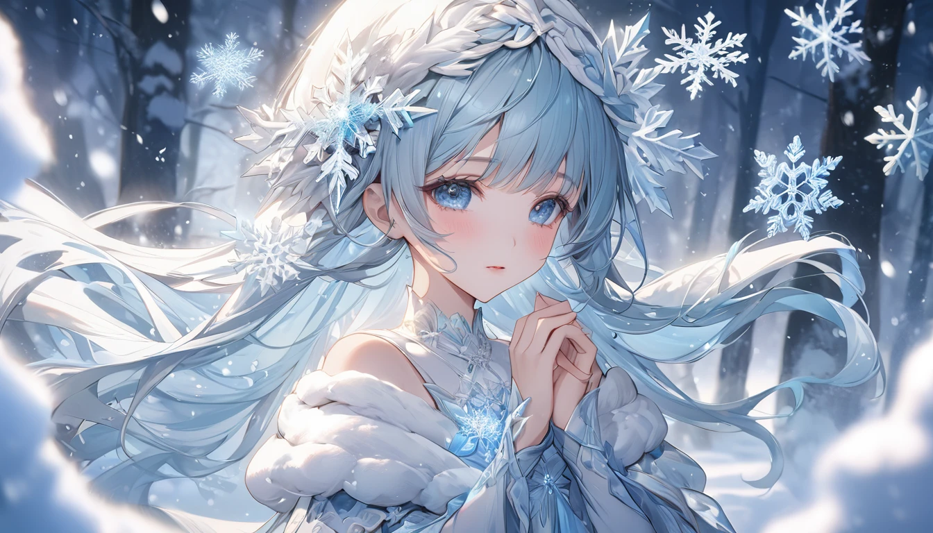 **305. One person。Personification of snowflakes。The embodiment of cold and beautiful snowflakes。Cowboy shot or close-up。  
masterpiece, best quality, ultra detailed (Detailed fingers), (Emotional), (Breathtakingly beautiful),  
(main part: 1.2 Whole body。), (Anime Style), (Very detailed), (Snowflake Personification),  
(超High resolution, High resolution), (8k), (High resolution: 1.2), (Complex and beautiful: 1.2)**
- background: Winter snow scene、A tranquil landscape with falling snow。
- Personification: Young woman, around 18 years old、Wearing an ice-cold dress。
-pose: Standing quietly in the snow、Putting a snowflake on the palm of your hand。
-expression: It gives a feeling of fragility and coldness.、A look as beautiful as snow。
- Effects: Small snowflakes fluttering in the air、Effects that create a fantastic atmosphere。
-color: White and Ice Blue、A color that symbolizes the coldness and transparency of snow。
