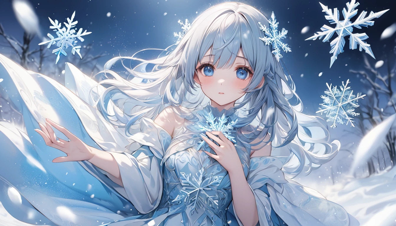 **305. One person。Personification of snowflakes。The embodiment of cold and beautiful snowflakes。Cowboy shot or close-up。
masterpiece, best quality, ultra detailed (Detailed fingers), (Emotional), (Breathtakingly beautiful),
(main part: 1.2 Whole body。), (Anime Style), (Very detailed), (Snowflake Personification),
(超High resolution, High resolution), (8k), (High resolution: 1.2), (Complex and beautiful: 1.2)**
- background: Winter snow scene、A tranquil landscape with falling snow。
- Personification: Young woman, around 18 years old、Wearing an ice-cold dress。
-pose: Standing quietly in the snow、Putting a snowflake on the palm of your hand。
-expression: It gives a feeling of fragility and coldness.、A look as beautiful as snow。
- Effects: Small snowflakes fluttering in the air、Effects that create a fantastic atmosphere。
-color: White and Ice Blue、A color that symbolizes the coldness and transparency of snow。