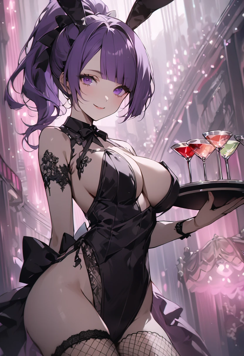 (Cute a girl:1.5), (masterpiece:1.3), anime visual, (Black bunny girl costume, red high heels,High leg, fishnet stockings, black bunny ears, front view, She holds a tray in front of her chest and has a cocktail in one hand.,:1.3 ), (Lovey-dovey:1.5), (tilt head:1.3), extremely delicate face, soft clean focus, realistic lighting and shading, (an extremely delicate and beautiful art:1.3), elegant, (muted colors:1.1),(a girl with Long purple hair, ponytail, purple eyes, diagonal bangs,:1.4), large breast,slim,The Moulin Rouge in Paris, mysterious pink light, a slightly dark room,look at viewer,smiling,