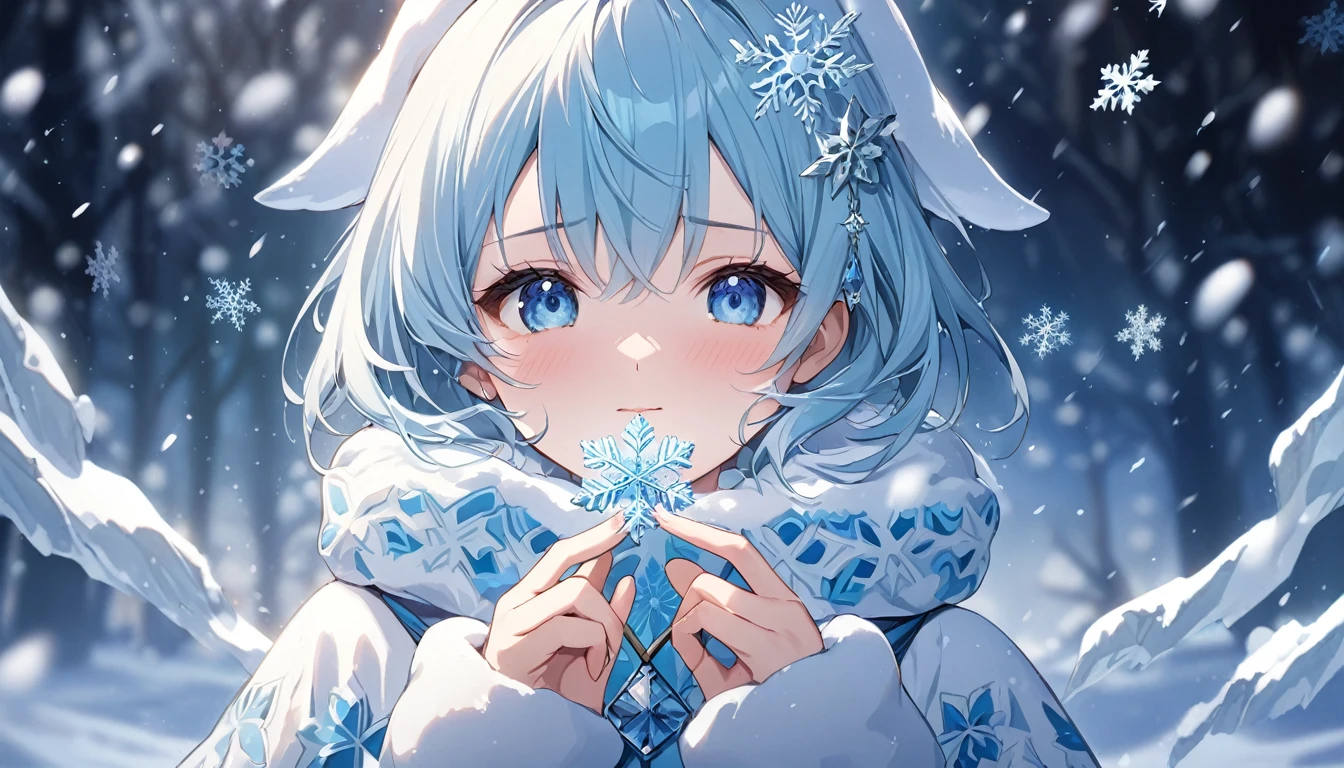 **305. One person。Personification of snowflakes。The embodiment of cold and beautiful snowflakes。Cowboy shot or close-up。
masterpiece, best quality, ultra detailed (Detailed fingers), (Emotional), (Breathtakingly beautiful),
(main part: 1.2 Whole body。), (Anime Style), (Very detailed), (Snowflake Personification),
(超High resolution, High resolution), (8k), (High resolution: 1.2), (Complex and beautiful: 1.2)**
- background: Winter snow scene、A tranquil landscape with falling snow。
- Personification: Young woman, around 18 years old、Wearing an ice-cold dress。
-pose: Standing quietly in the snow、Putting a snowflake on the palm of your hand。
-expression: It gives a feeling of fragility and coldness.、A look as beautiful as snow。
- Effects: Small snowflakes fluttering in the air、Effects that create a fantastic atmosphere。
-color: White and Ice Blue、A color that symbolizes the coldness and transparency of snow。