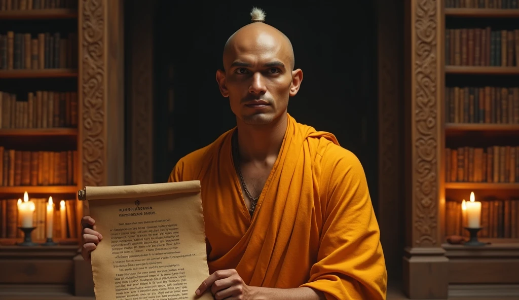 Chanakya, also known as Kautilya or Vishnugupta, is typically depicted as a stern and intelligent figure, embodying wisdom and authority. He is often portrayed with a shaven head, save for a single topknot at the back, symbolizing his scholarly status. His facial features are sharp, with a serious expression, and he is usually shown wearing a simple traditional robe, often in saffron or white, indicating his ascetic lifestyle. Chanakya is sometimes depicted holding a scroll or manuscript, representing his authorship of the "Arthashastra," an ancient Indian political treatise. His posture is often meditative or reflective, emphasizing his role as a teacher and advisor. These depictions are meant to convey his profound influence on Indian history as a strategist and philosopher.