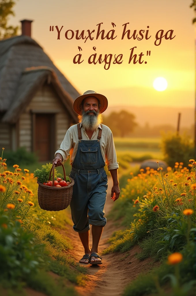 Image of a Moral Message:A final scene showing the farmer returning to his simple home, content and happy, with a caption or visual element emphasizing the moral: “ईमानदारी का फल हमेशा मीठा होता है।”