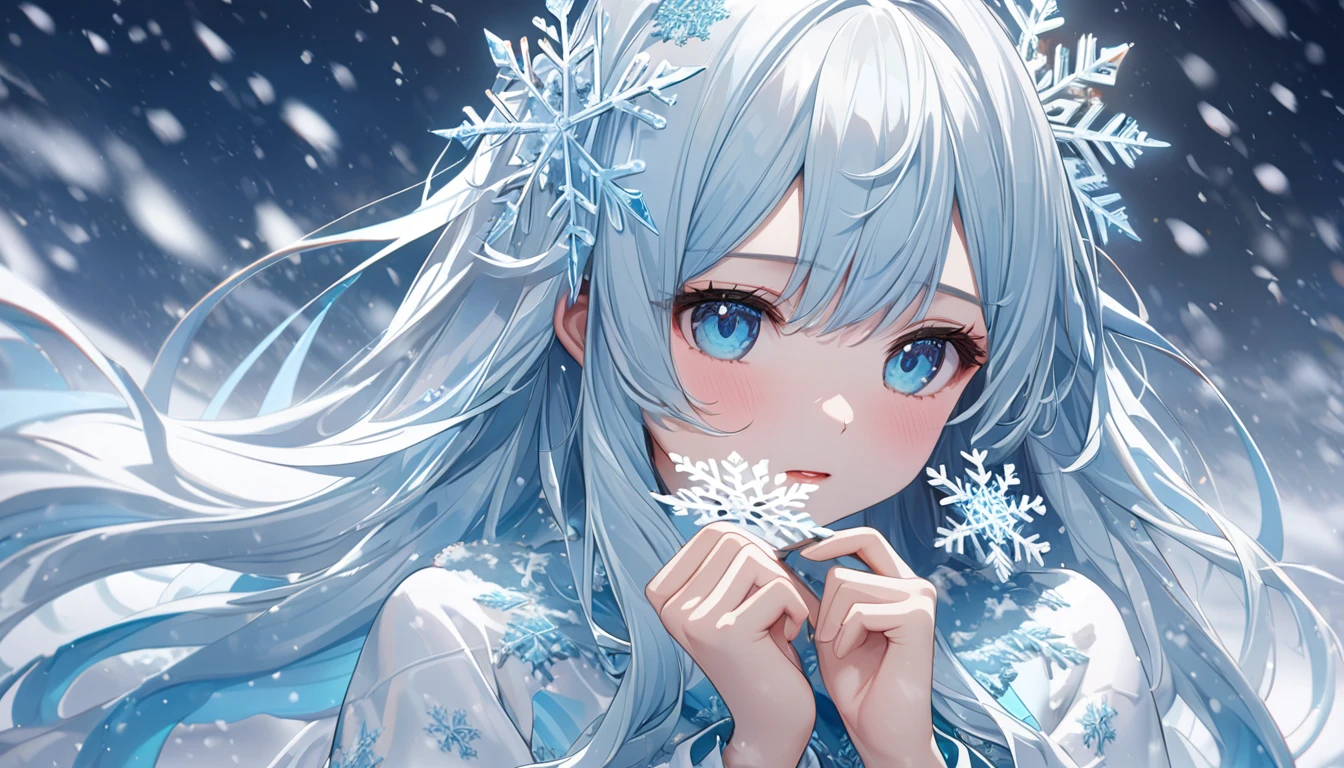 **305. One person。Personification of snowflakes。The embodiment of cold and beautiful snowflakes。Cowboy shot or close-up。  
masterpiece, best quality, ultra detailed (Detailed fingers), (Emotional), (Breathtakingly beautiful),  
(main part: 1.2 Whole body。), (Anime Style), (Very detailed), (Snowflake Personification),  
(超High resolution, High resolution), (8k), (High resolution: 1.2), (Complex and beautiful: 1.2)**
- background: Winter snow scene、A tranquil landscape with falling snow。
- Personification: Young woman, around 18 years old、Wearing an ice-cold dress。
-pose: Standing quietly in the snow、Putting a snowflake on the palm of your hand。
-expression: It gives a feeling of fragility and coldness.、A look as beautiful as snow。
- Effects: Small snowflakes fluttering in the air、Effects that create a fantastic atmosphere。
-color: White and Ice Blue、A color that symbolizes the coldness and transparency of snow。
