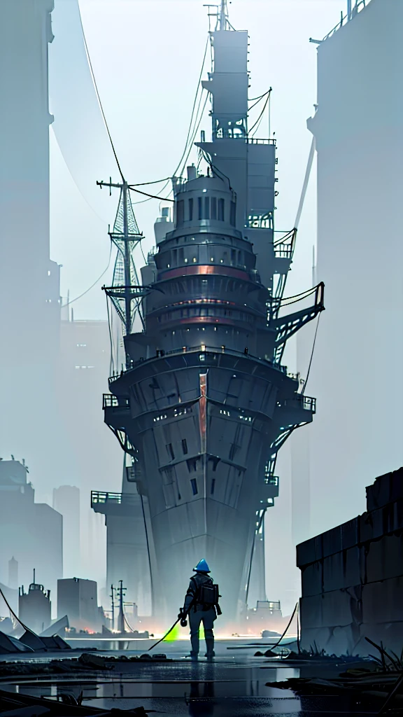 Create a post-apocalyptic scenario in which the Earth is flooded, There are few trees、Many buildings and structures. 廃墟などのHigh resolutionの詳細を追加する, Structural cracks, Electrical equipment malfunction, Insufficient lighting. The scene should have a mysterious and dark atmosphere., Contains elements of water and ruins, High resolution, Super detailed, Add ships to be used as cities, Ship City, 8k, Quality is abundant