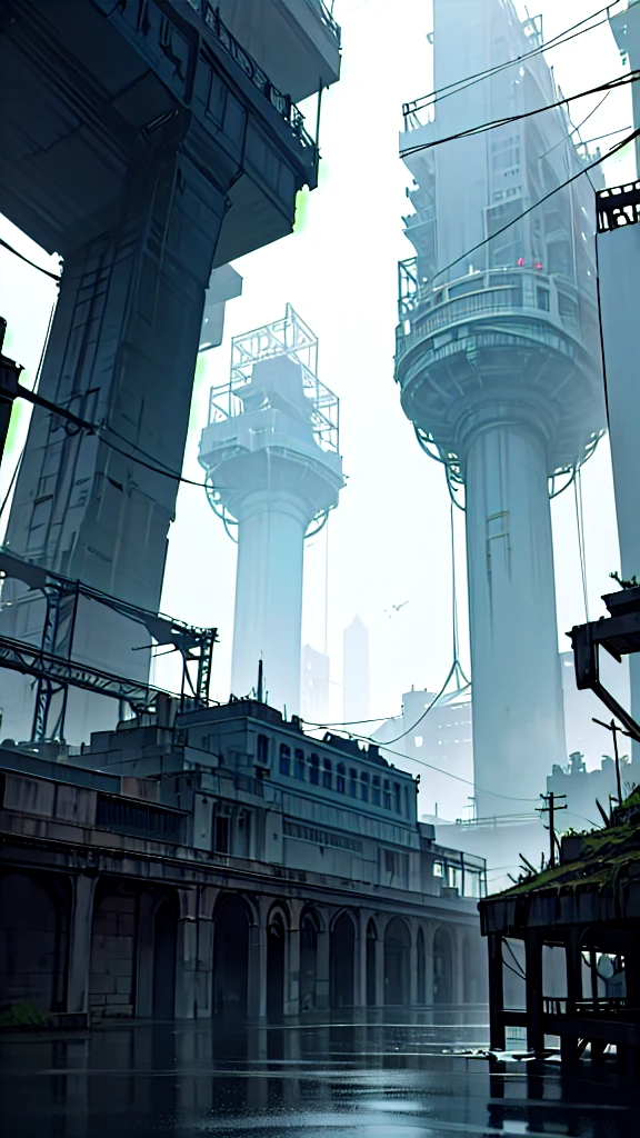 Create a post-apocalyptic scenario in which the Earth is flooded, There are few trees、Many buildings and structures. 廃墟などのHigh resolutionの詳細を追加する, Structural cracks, Electrical equipment malfunction, Insufficient lighting. The scene should have a mysterious and dark atmosphere., Contains elements of water and ruins, High resolution, Super detailed, Add ships to be used as cities, Ship City, 8k, Quality is abundant