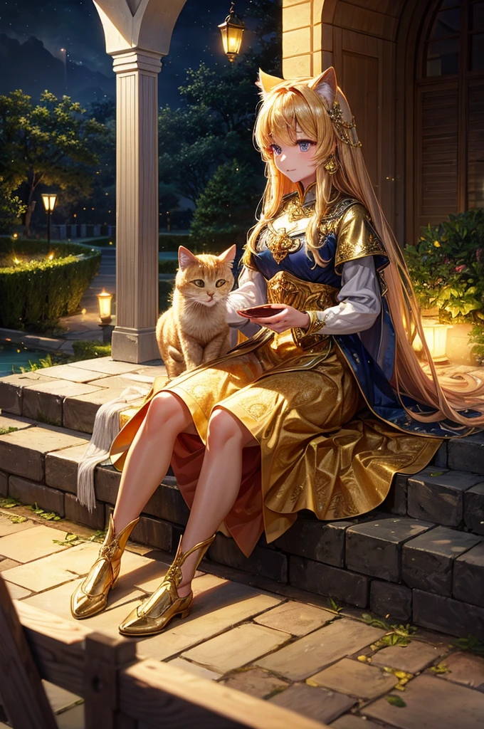high quality, High resolution, Attention to detail, detailed、Golden Cat、Wearing shining crystals、Light、bright、mysterious、night、Medieval European Gardens