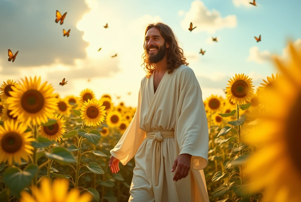 Jesus with smiling face walking in a sunflower field