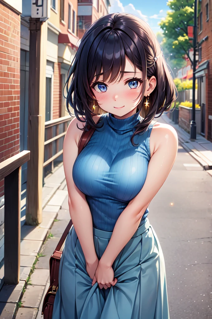 (high quality, High resolution, The finer details), Brick Street, Sunlight shining, break (Light blue knit, sleeveless, high neck), break White pleated long skirt, Flowing fabric, break Standing, alone, Curvy Women, Sparkling eyes, (Detailed eyes:1.2), Natural Makeup, Earrings, smile, blush, Sweat, Oily skin, Soft colors, Breeze, Bokeh, Shallow depth of field