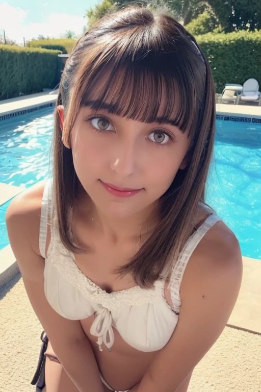 1girl, beautiful woman, White silk lingerie, skinny, perfect body, defined abs, gold hair, standing in daytime pool room, ultra-detailed face, beautiful eyes, beautiful lips, double eyelids, shy smile, trimmed bangs, sun-kissed skin, hint of pubic hair, (best quality, 8k, masterpiece:1.3), frontal and full-body shot, pussy line, front facing, open legs pubic hair