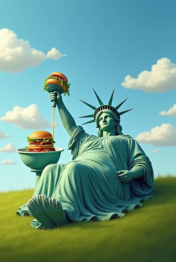 Fat Statue of Liberty　Lying down　Protruding nipples　Eat 100 bowls of ramen　With a burger in each hand　2 arms