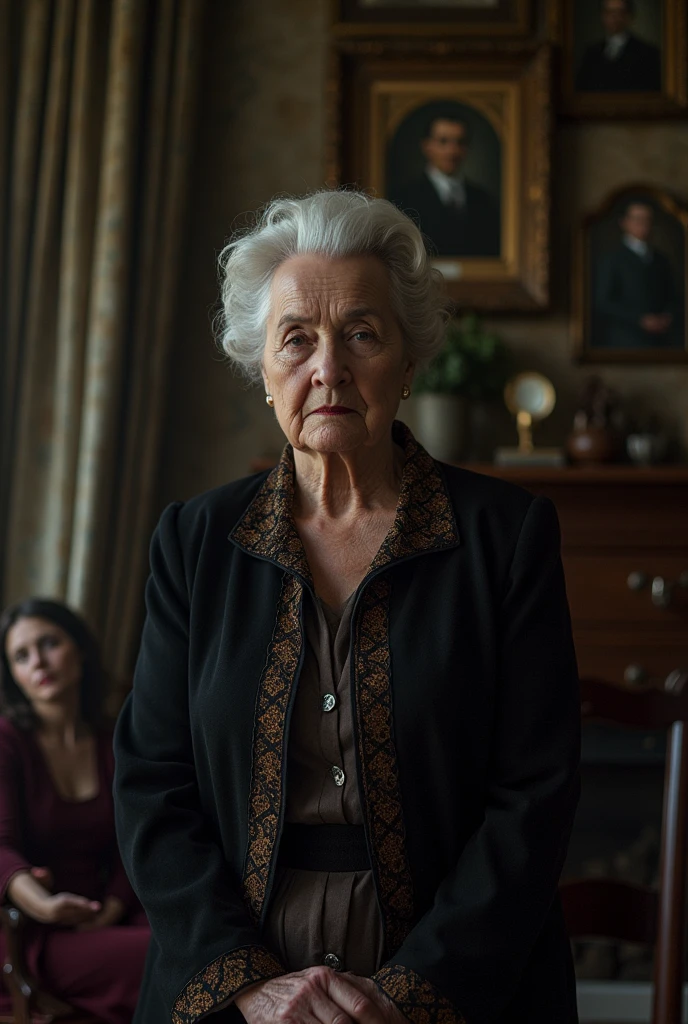 madre autoritaria y viuda de 60 años. Es una mujer rígida, obsesionada con las apariencias y el control absoluto sobre sus hijas. Representa el poder opresivo, la tradición y el orden social.