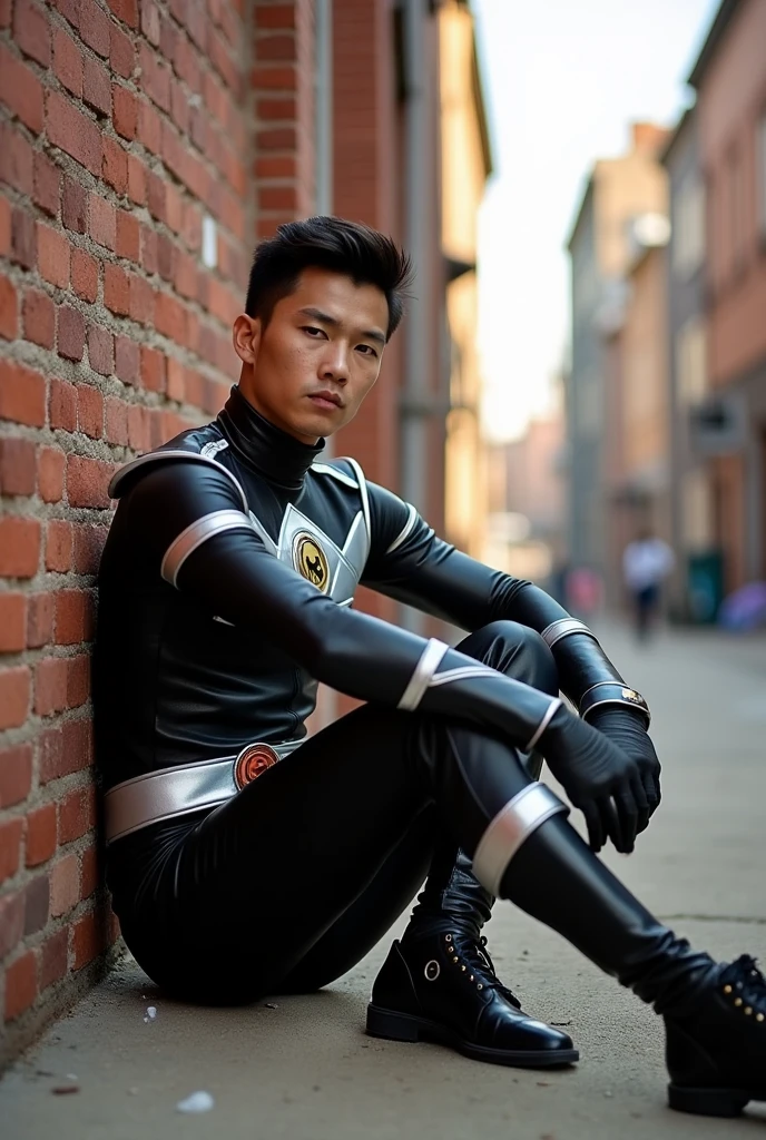 Johnny Yong Bosch
American actor Mighty morphin power rangers Adam park in his black power ranger suit sitting against a wall with his legs up