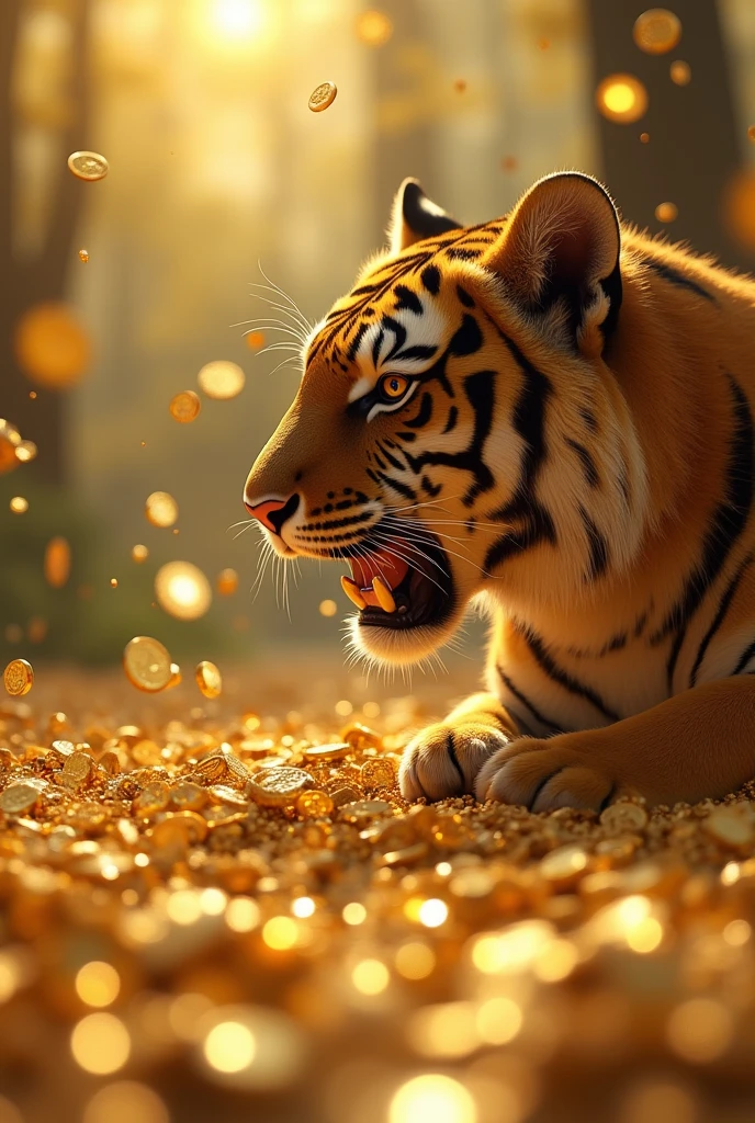 1girl, gold bullion, gold coins, ((tiger)), gold coins raining down from the sky, dazzling gold, golden hue, golden box, gold coins, realistic, photorealistic, photo-realistic:1.37, extremely detailed, masterpiece:1.2, best quality, 8k, ultra-detailed, HDR, UHD, physically-based rendering, vivid colors, fantasy, cinematic lighting