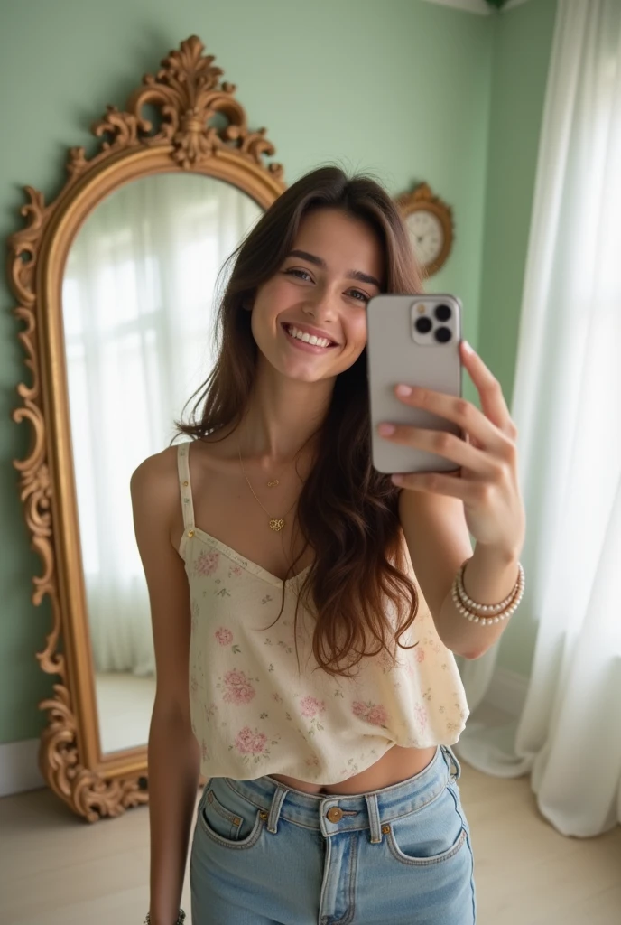 brunette taking back selfie in mirror
