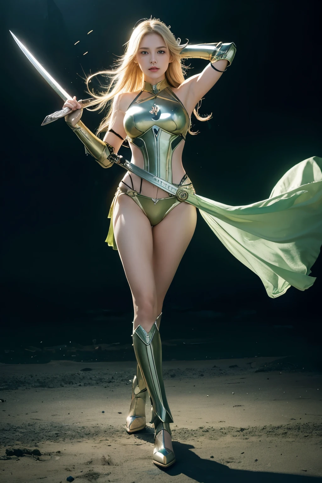 a woman warrior in her mid-20's, long blonde hair, green eyes, holding a giant sword, tall and tall, wearing Permeable glass armor, full body photos, personality movements, cool expressions, in a realistic cinematic style, combat posture, heroine opens her legs in the clear water and faces the camera, with a clear and exquisite expression and facial features, and the whole body is clear HD, 8K