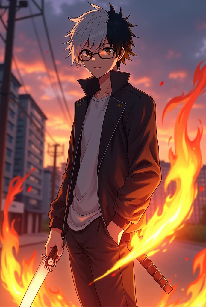 アニメ, beautiful boy with glasses , half white and half black hair , bladed weapon, feux sur la jambe droite, pouvoirs du feux, 18 year old boys