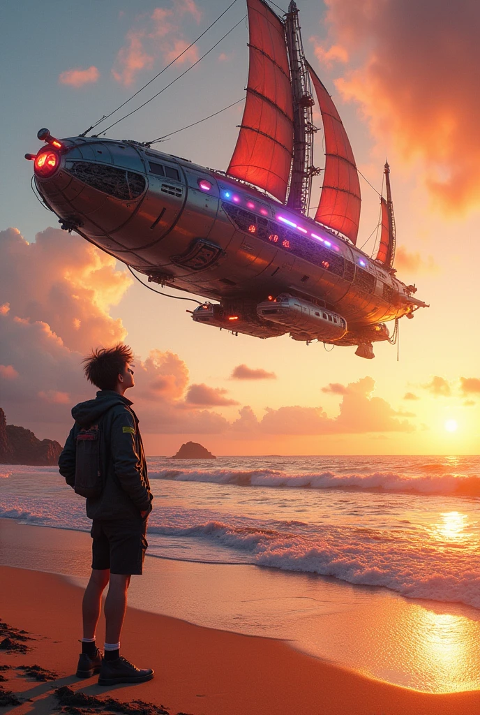 a guy stands on the sandy shore, looks up at an airship sailboat in the cyberpunk style, which flies over the sea against the backdrop of a bright sunset