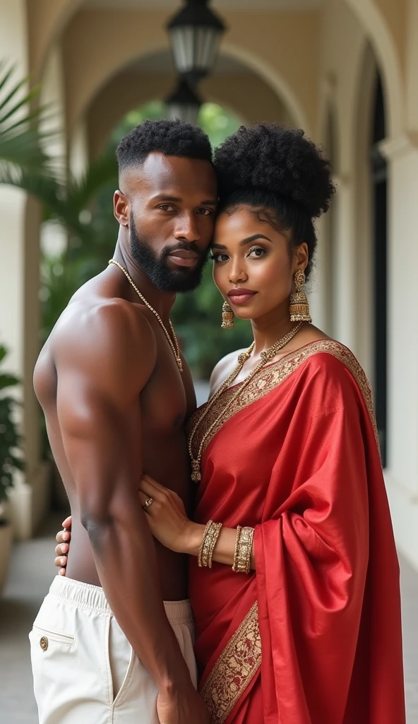 Newly wed couple, hot curvy south indian thick milf with black twisted bun hairstyle, big breast, big hip, big ass, thick thighs, woman wearing saree, indian couple, very short brown man with buzz cut, very big muscular body and beard, man wearing shorts, woman with man, couple in a big villa, high resolution, looking at camera, tall woman and short man, close-up potrait, Closed Mouth,
