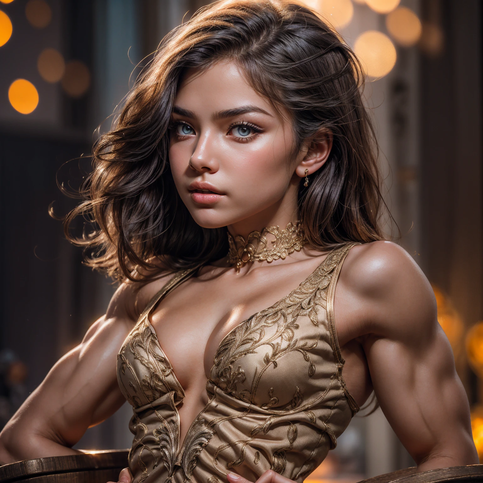 Stunning, gorgeous, cute, award winning portrait photo of an young norwegian woman, flawless skin, bokeh, backlit, (vivid color detail:1.1), elegant atmosphere, realistic, intricate details, flawless skin tone, fantastic background, (muscular arms), depth of field, full body, bicep flex pose