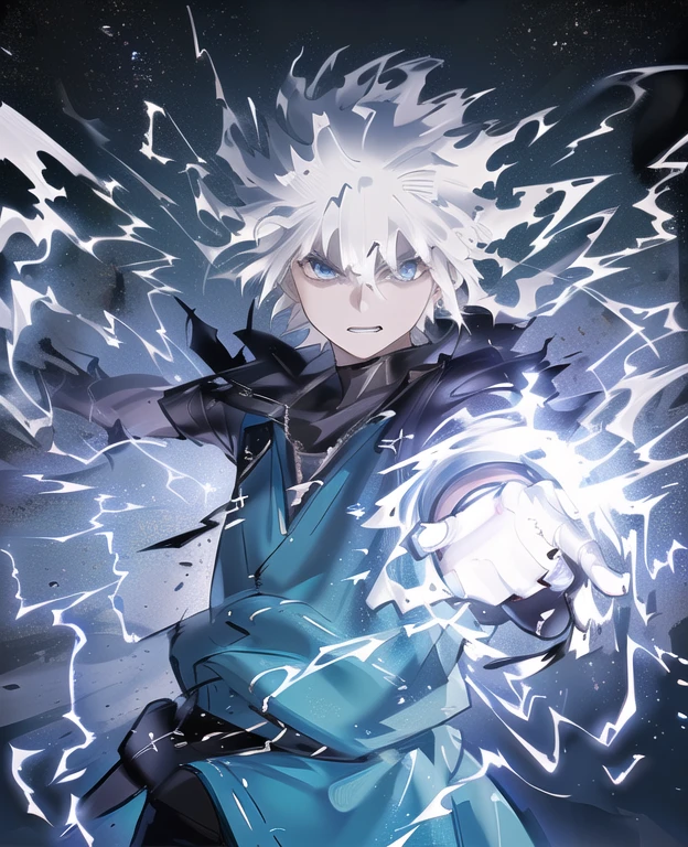 a young boy with spiky white hair, beautiful detailed eyes, beautiful detailed face, beautiful detailed lips, extremely detailed facial features, striking a dynamic fighting pose, surrounded by swirling blue lightning, about to unleash a spinning kick, detailed muscular body, tight leather outfit, dramatic action scene, cinematic camera angle, intense atmosphere, hyper realistic, 8k, cinematic lighting, dark moody color palette, dramatic shadows, sharp focus, highly detailed, masterpiece, photorealistic