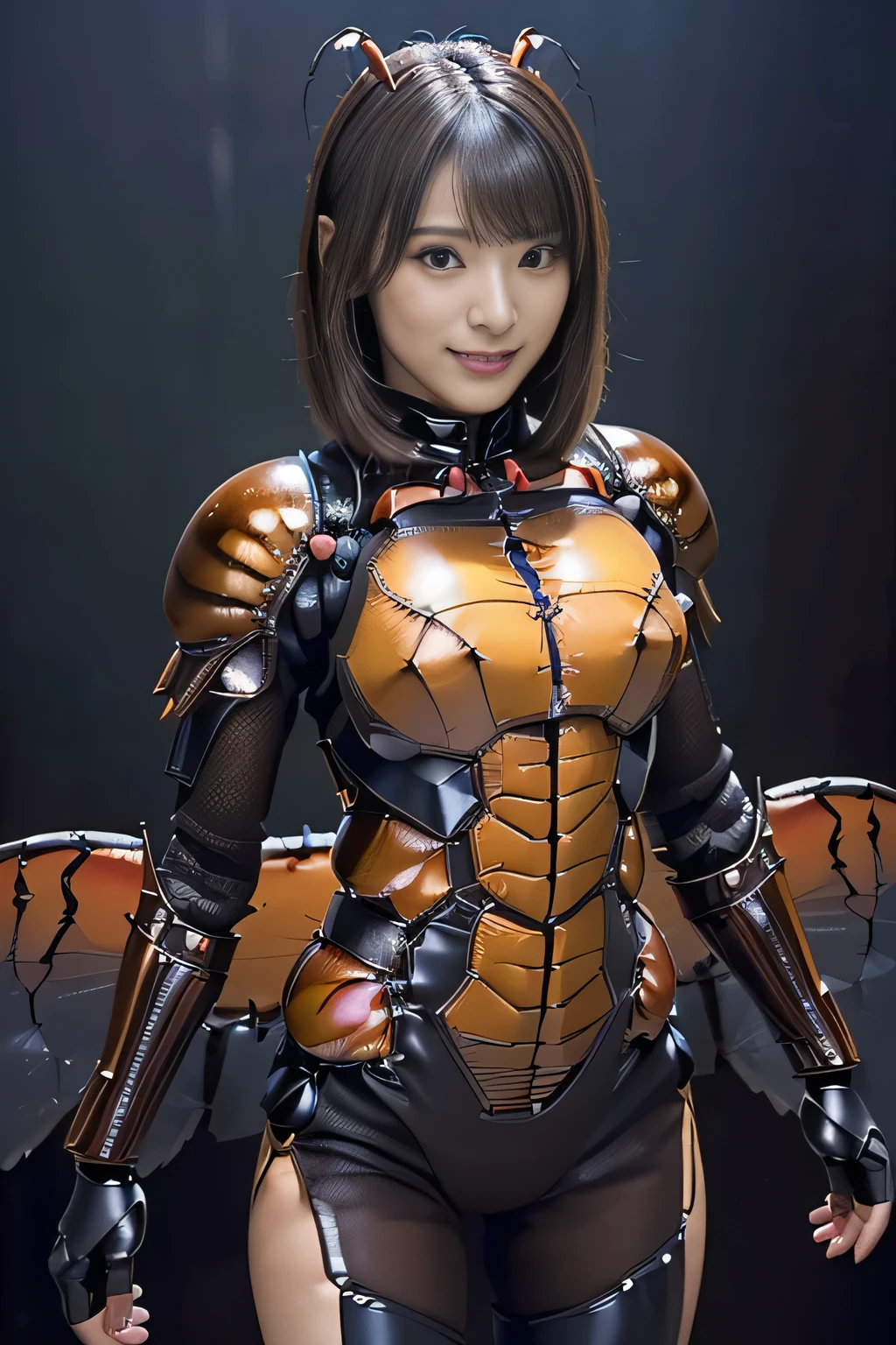 (high resolution,masterpiece,best quality,extremely detailed CG, anime, official art:1.4), realistic, photo, amazing fine details, all intricate, gloss and shiny,awesome many layers, 8k wall paper, 3d, sketch, kawaii, illustration,( solo:1.4), perfect female proportion,villainess, (fusion of dark brown cockroach and lady:1.4), (brown cockroach form lady:1.2), (brown cockroach lady:1.2), (fusion:1.2), (solo:1.4), (evil smile:1.2), muscular, abs, (cockroach brown exoskeleton bio insect suit:1.4), (cockroach brown exoskeleton bio insect armor:1.2), (brown transparency cockroach wing:1.4), (brown cockroach antennae:1.3),
