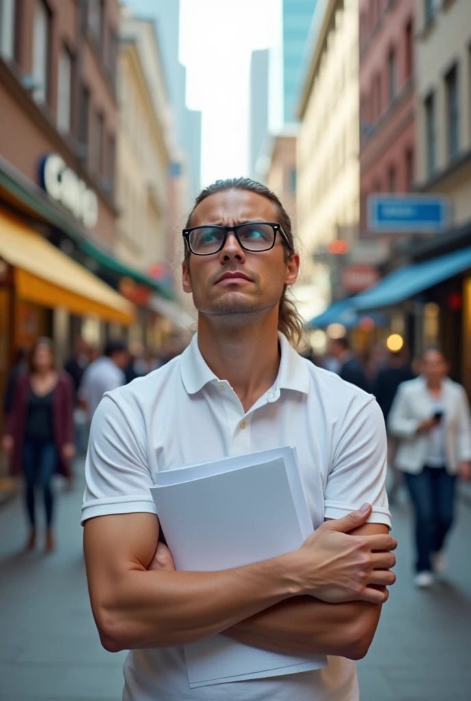 joven blanco con cabello recogido con lentes y polo blnaco 
estresado
