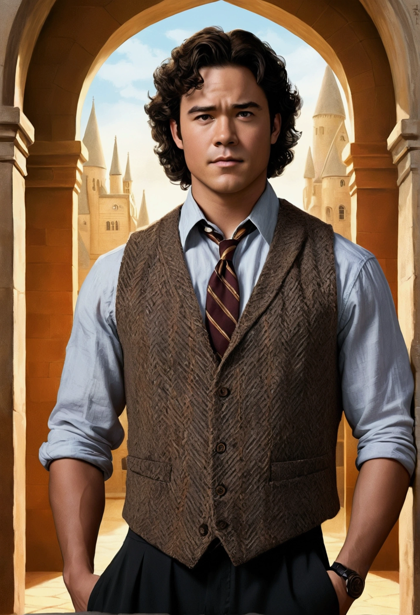 An illustrated movie poster, hand-drawn, full color, a Hogwarts Professor, 21 years old, male, brown eyes, brown-black hair, voluminous curly mane, suntan complexion, medium height, broad shoulders, stocky frame, muscular, rugged scruffy appearance, lots of body hair, resembles Dean Cain, wearing a tweed vest and slacks, standing in the transfiguration courtyard, hard shadows, graphite shading, stencil marks, airbrushed acrylic paint, masterpiece, in the style of the Deathly Hallows